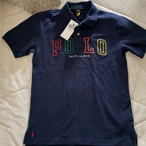 Boys NWT SZ M / 10-12 Ralph Lauren Navy Polo with Red, Green, Yellow Lettering